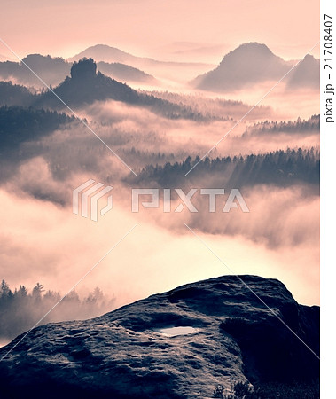Dreamy misty forest landscape. Majestic peaks Dreamy misty forest landscape. Majestic peaks 21708407