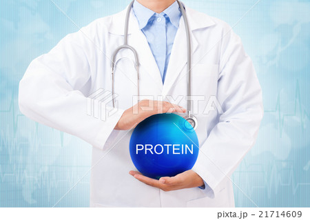 Doctor holding blue crystal ball with protein sign Doctor holding blue crystal ball with protein sign 21714609