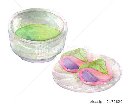 抹茶と和菓子2 桜餅のイラスト素材 2174
