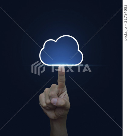 Hand click on cloud icon with copy space on blue 21754082