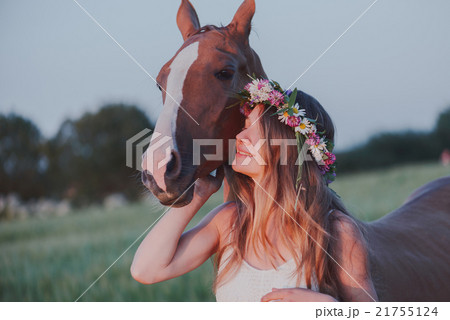 portrait beautiful woman long hair next horse portrait beautiful woman long hair next horse 21755124