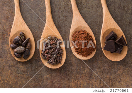 cocoa and dark chocolate in wooden spoons cocoa and dark chocolate in wooden spoons 21770661