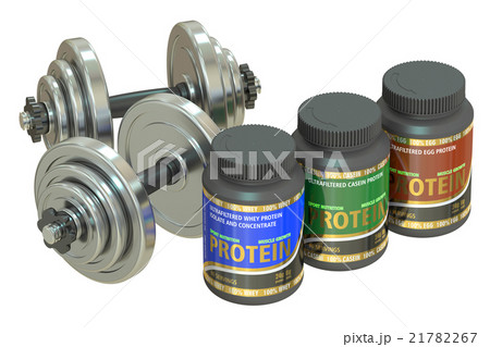 dumbbells and jars of protein, 3D rendering 21782267