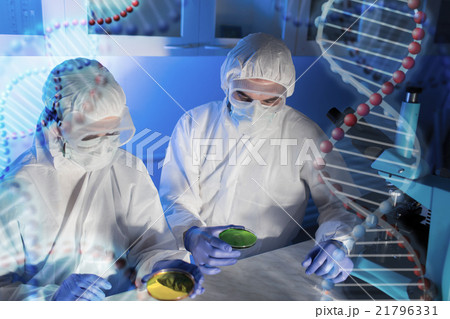 close up of scientists with test samples in lab 21796331