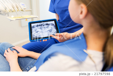 dentist showing x-ray on tablet pc to patient girl 21797598