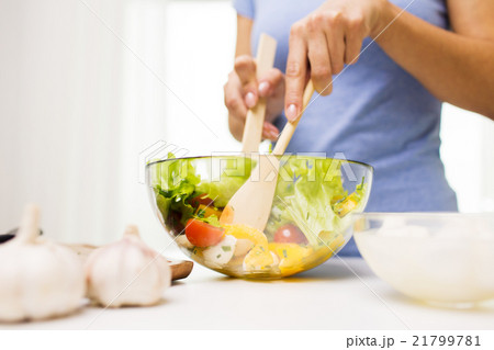 close up of woman cooking vegetable salad at home close up of woman cooking vegetable salad at home 21799781