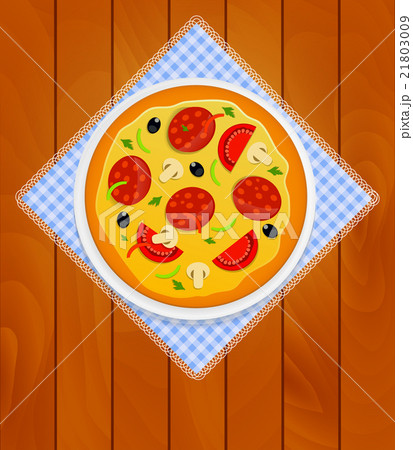 Pizza in White Plate on Kitchen Napkin at Wooden 21803009