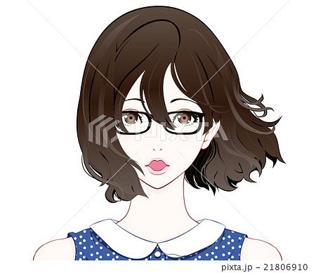 メガネをかけた女性の表情 驚く 夏服 なびく髪のイラスト素材