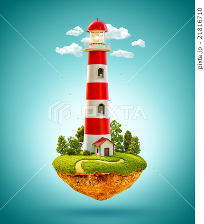 Fantastic lighthouse on a levitating island. Fantastic lighthouse on a levitating island. 21816710