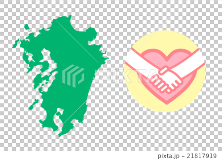 九州地方の地図とハートの握手マークセットのイラスト素材