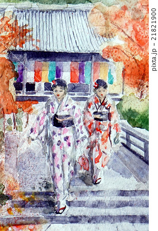 和装の女性のスケッチ  秋　紅葉　日本の家　民家　故郷　ふるさと　レトロ　紅葉 21821900