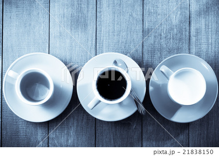 cup of tea, milk, coffee on wood 21838150