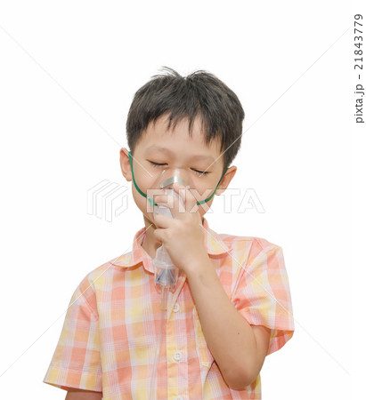little boy with asthma using oxygen mask on white  21843779