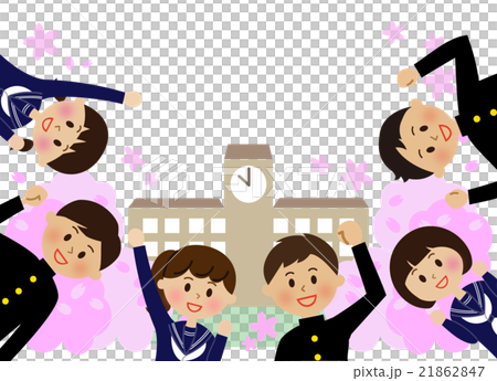 Guts pose students Cherry blossom school building 21862847