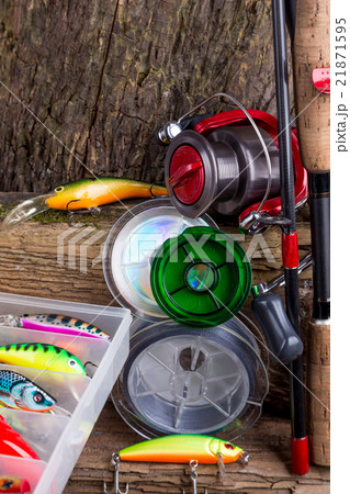 fishing tackles and fishing baits on wooden fishing tackles and fishing baits on wooden 21871595