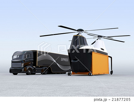 着陸した貨物ドローンと待機中のハイブリッドトラック 着陸した貨物ドローンと待機中のハイブリッドトラック 21877205