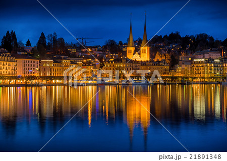Lucerne nighttime cityscape, St. Leodegar church 21891348