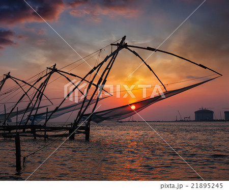 Chinese fishnets on sunset. Kochi, Kerala, India 21895245
