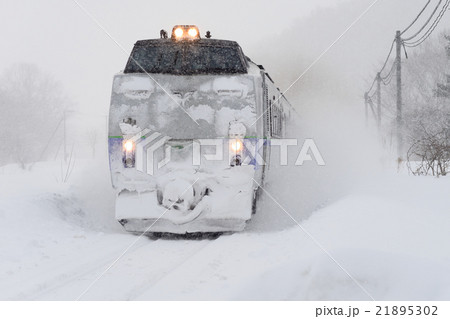 雪煙を上げ、雪まみれの姿で疾走する特急オホーツク号です。 21895302