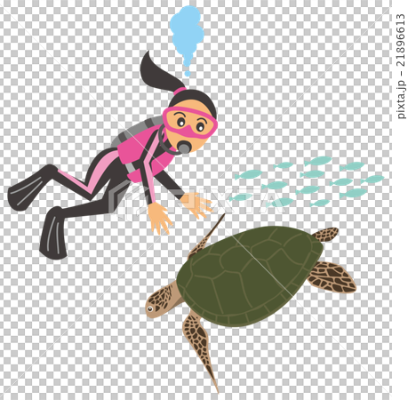スキューバダイビングをしている女性と海亀のイメージイラストのイラスト素材