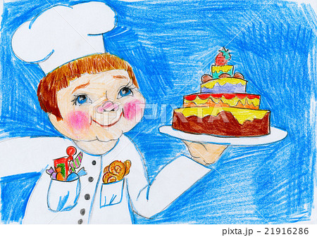 cook and cake, child drawing on paper, birthday  21916286