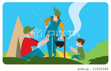 Family of tourist preparing a meal outdoors 21920388