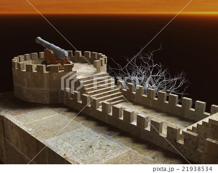 Military cannon on medieval castle stone wall 21938534