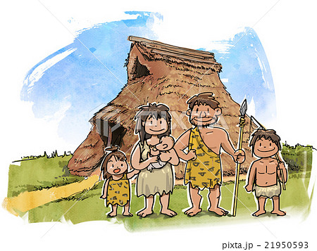 竪穴式住居と家族のイラスト素材