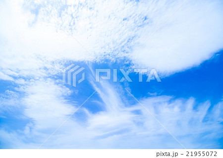 春の空　白い雲と青い空　背景素材　コピースペース　文字スペース　積雲　巻積雲　イメージ 21955072