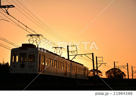夕焼けの中を走る「いちご電車」 21964386