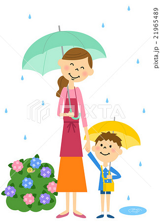 雨の日のお迎え 家族 親子のイラスト素材