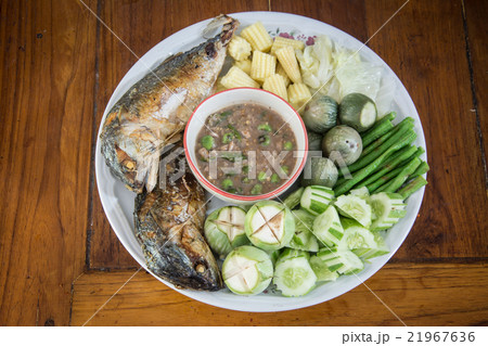 Shrimp paste with fried mackerel and vegetable on  21967636
