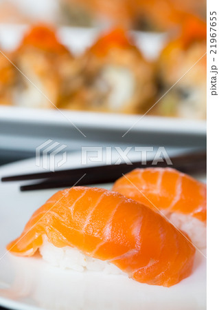 Sushi salmon on white plate Sushi salmon on white plate 21967655