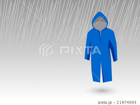 雨の中の青いレインコート 横のイラスト素材
