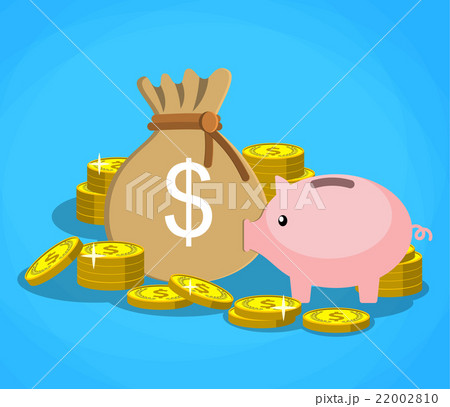 piggy bank with golden coins and bag of money piggy bank with golden coins and bag of money 22002810