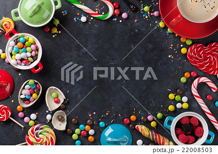 Colorful candies and coffee cup frame Colorful candies and coffee cup frame 22008503