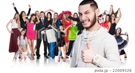 Woman and large group of happy people  22009326