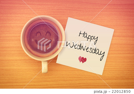 Happy Wednesday on paper note with cup,top view. 22012850