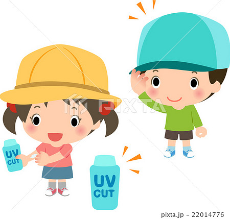 帽子や日焼け止めで紫外線対策をする子どもたちのイラスト素材