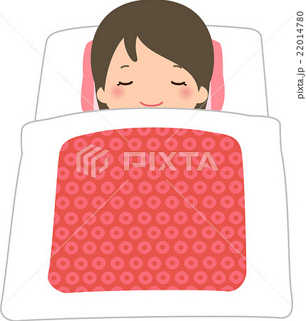 布団で寝ている笑顔の女性のイラスト素材