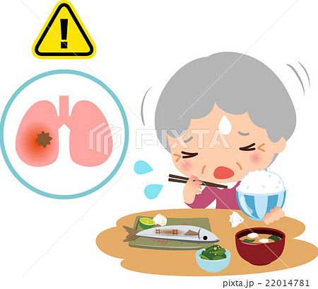 食事中にむせるシニア女性と肺炎のイメージのイラスト素材