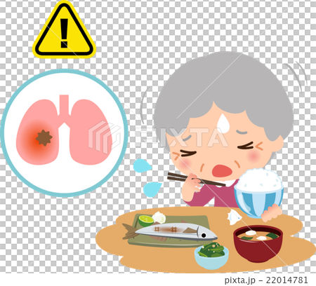 食事中にむせるシニア女性と肺炎のイメージのイラスト素材