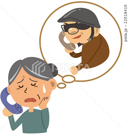 オレオレ詐欺。年配女性が犯罪者からお金を要求されているイメージイラスト 22018410