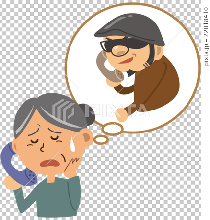 オレオレ詐欺。年配女性が犯罪者からお金を要求されているイメージイラスト 22018410