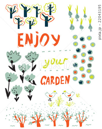 Gardening funny card with trees, flowers, birds  22043195
