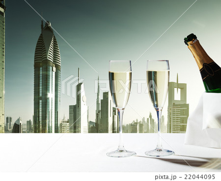 champaign Glasses and  skyscrapers of Dubai, UAE 22044095