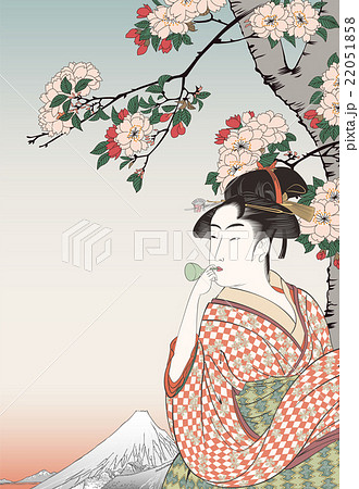 歌麿 ビードロを吹く娘と広重 隅田川水神の森真崎のイメージイラスト 22051858