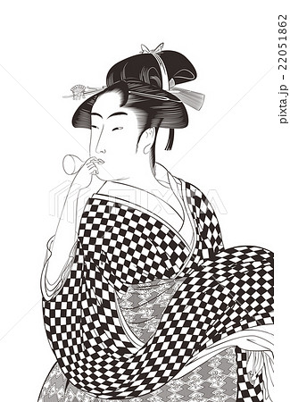 喜多川歌麿 婦女人相十品 ビードロを吹く娘イメージイラストのイラスト