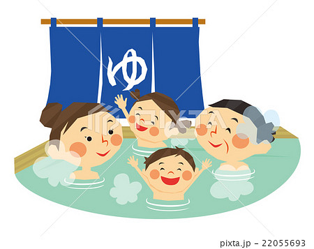暖簾と温泉 ヒノキ風呂 三世代家族の女性 のイラスト素材