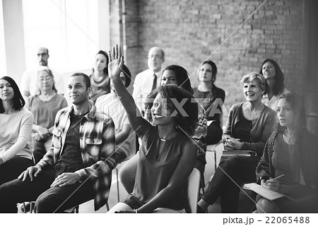 Audience Meeting Seminar Arms Raised Asking Concept 22065488